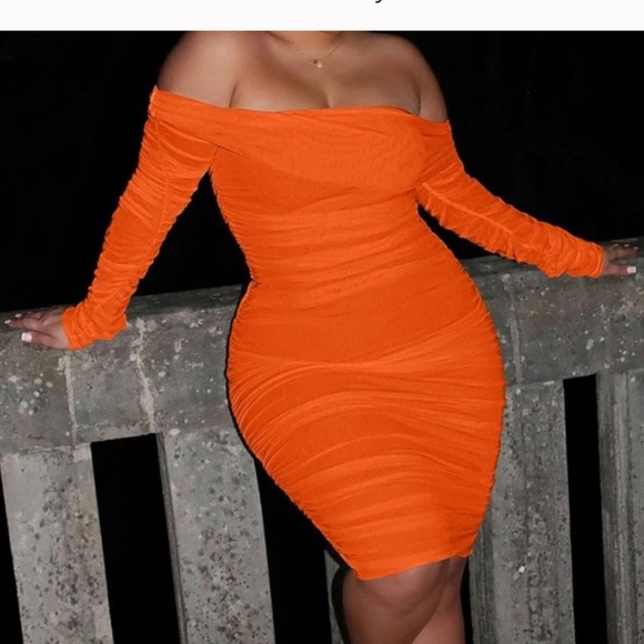 Elegant Orange Off-Shoulder Ruched Mini Dress - Picture 1 of 6